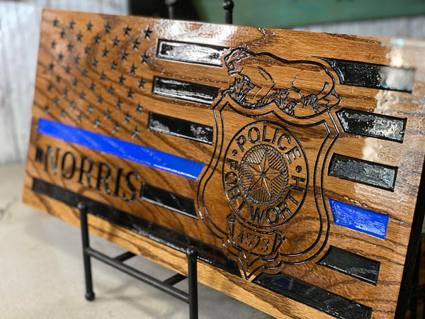 Fort Worth Police Wooden Flag, Thin Blue Line LEO Flag, Free Personalization