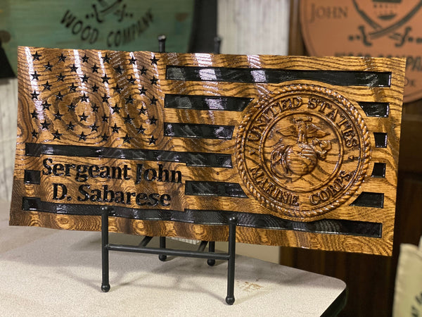 Wavy Marine Corps Wood Flag with Name - 3D - Marine Corps Hobbyist License # 19382 - Semper Fidelis